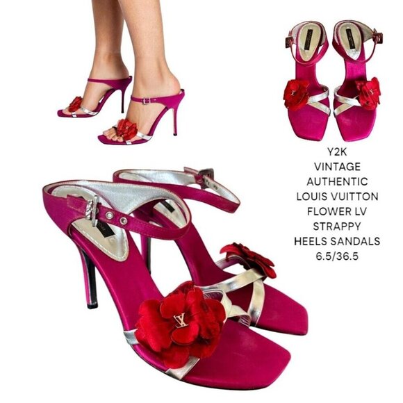 VTG. Y2K LOUIS VUITTON HEELS FLOWER DESIGN PINK SILVER STRAPPY SANDALS EUC 6 1/2 - Picture 2 of 7